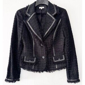 VTG Y2K Cache Women Black‎ Suit Jacket Boucle Knit Fringe Faux Leather Frame 10
